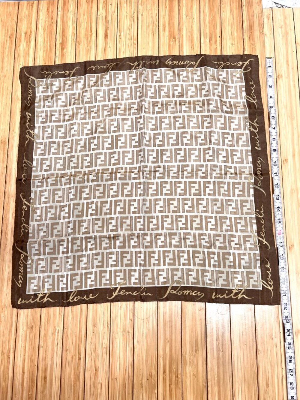 FENDI Zuca Mini Scarf/Bandana Silk 22.5" Beige Brown Logo FF Stiped (35 - Picture 12 of 13